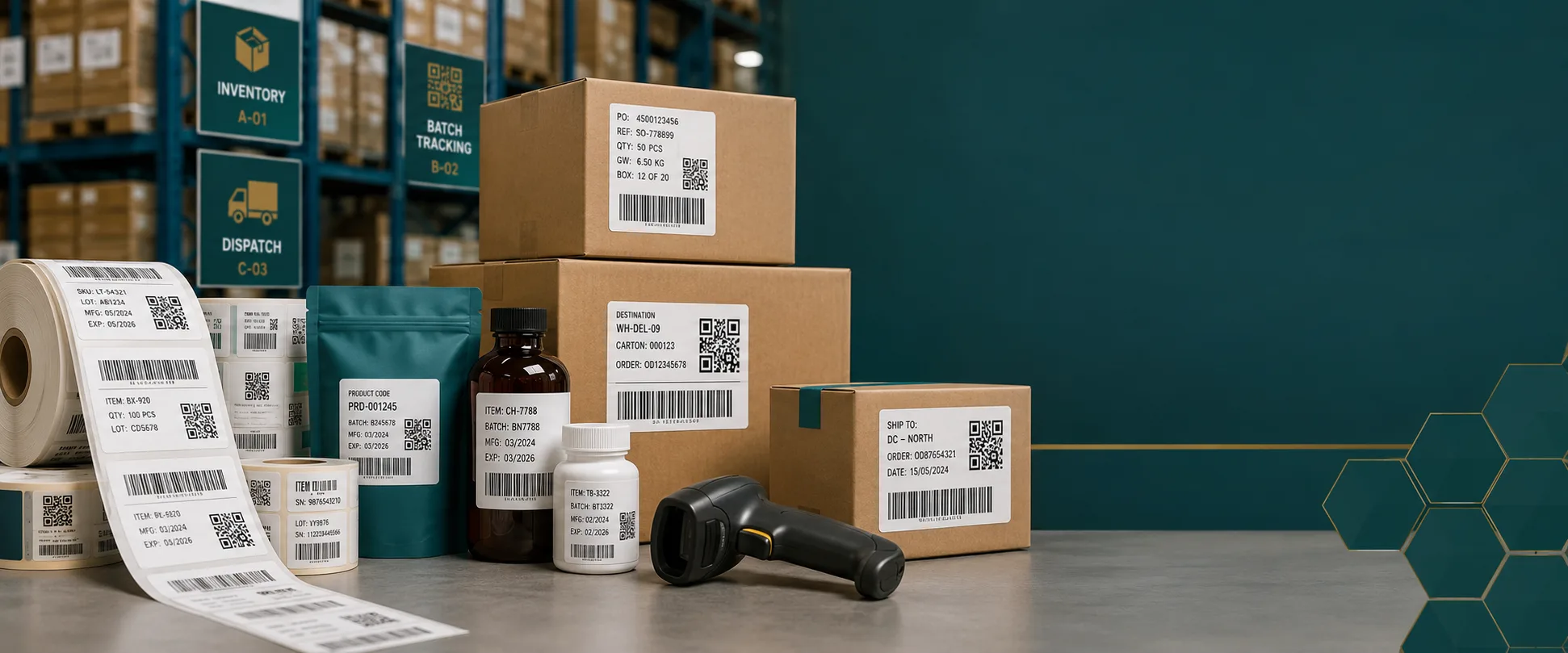 Barcode and QR labels used for inventory, cartons, dispatch and product tracking