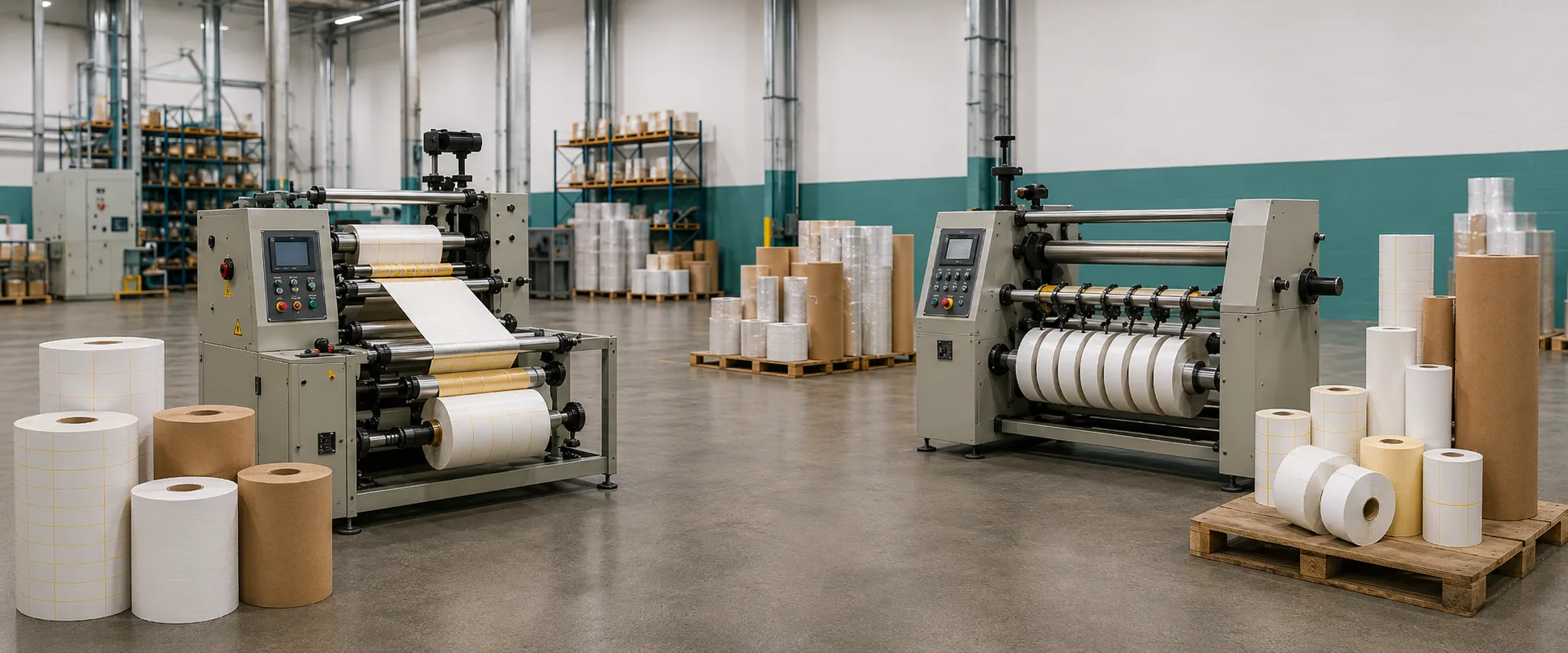 Label stock rolls converted into different widths for printing and packaging workflows