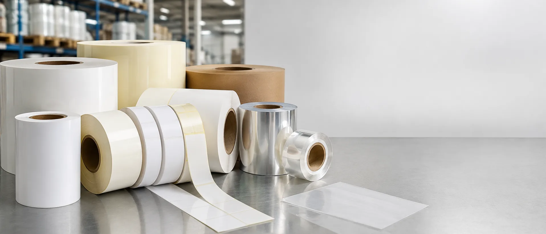 Plain label stock rolls prepared for printing, barcode-label production and business supply