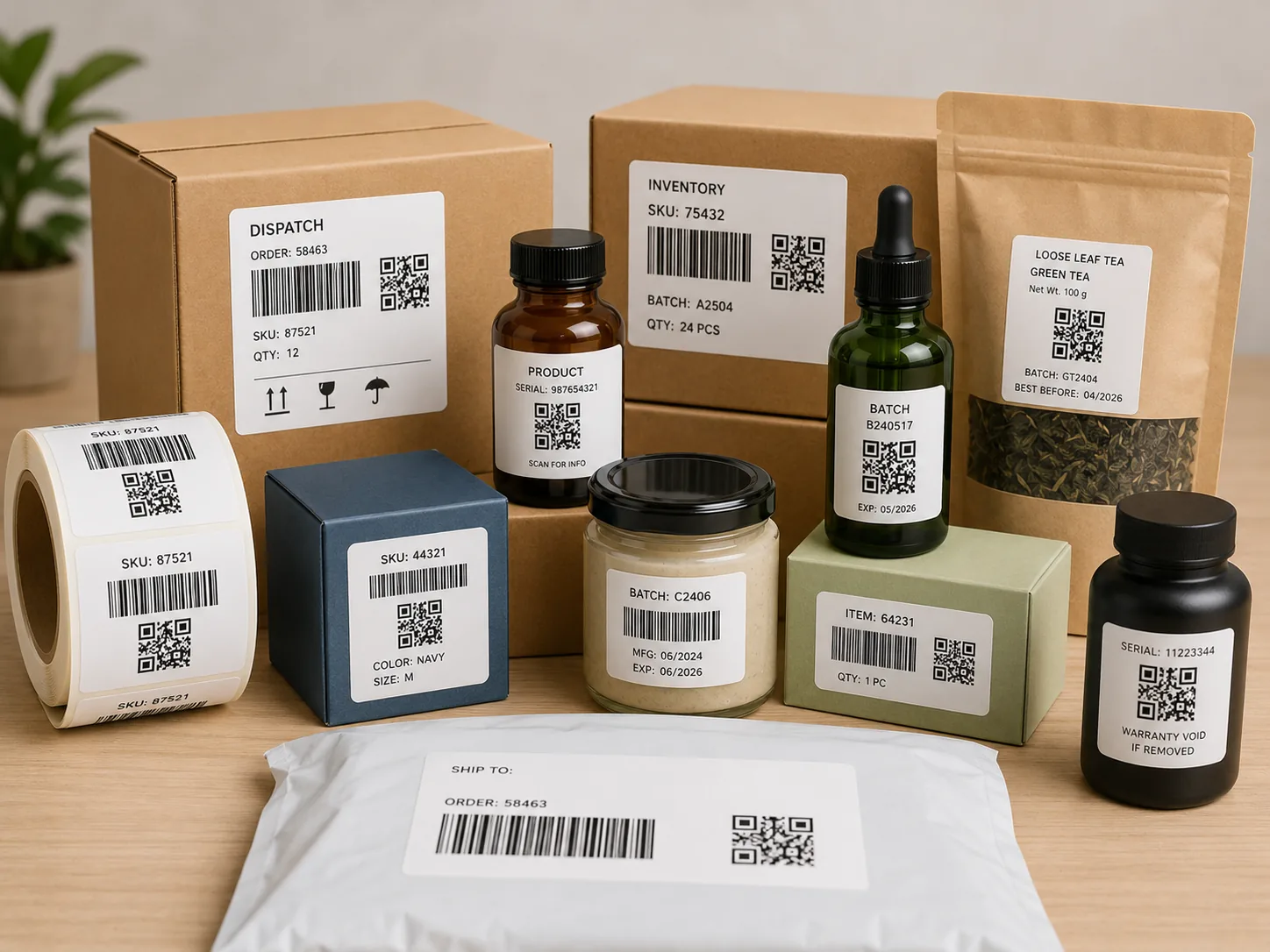 Barcode and QR label samples for cartons inventory and dispatch tracking