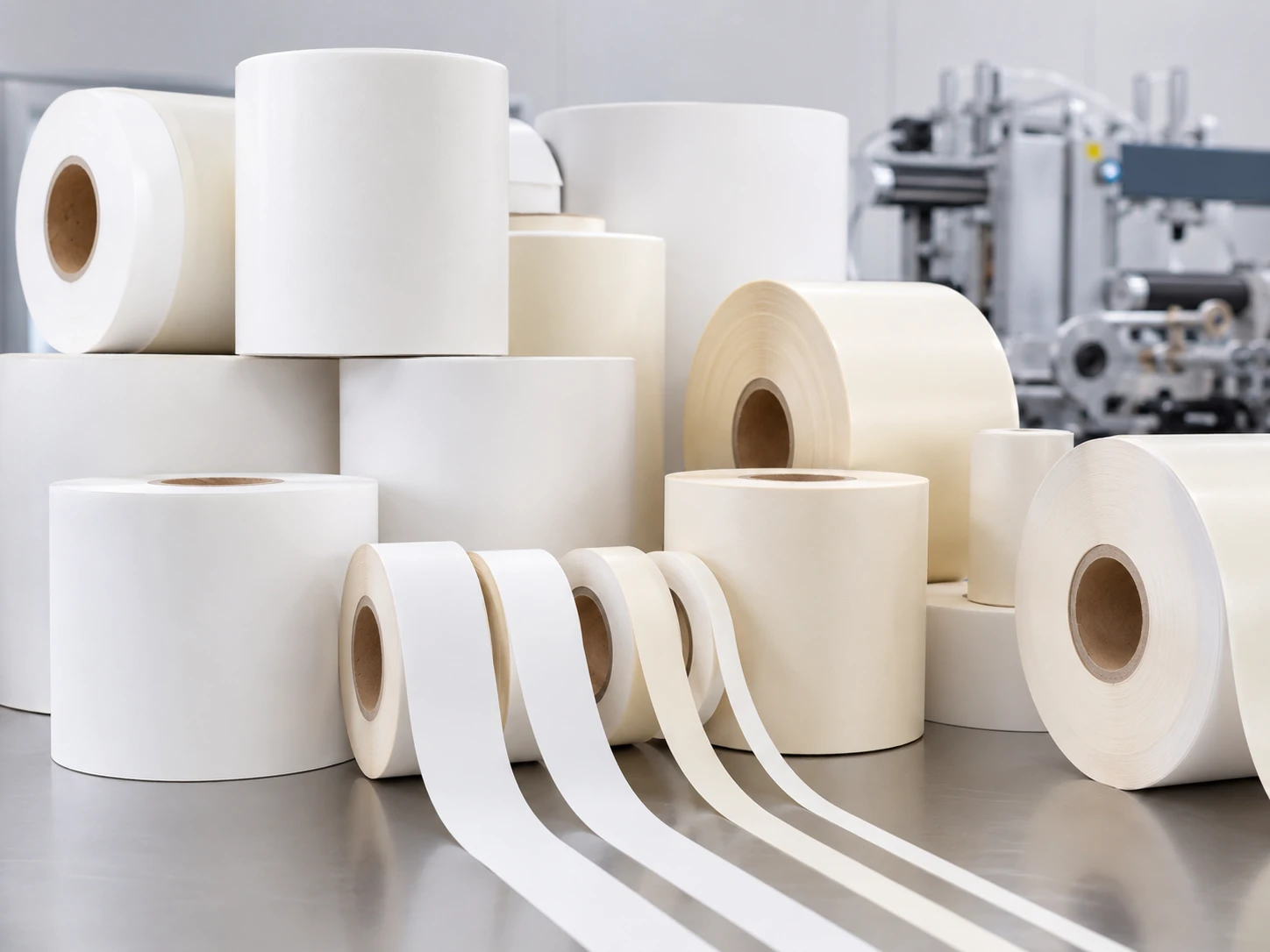 Gummed paper rolls and adhesive label material prepared for converting