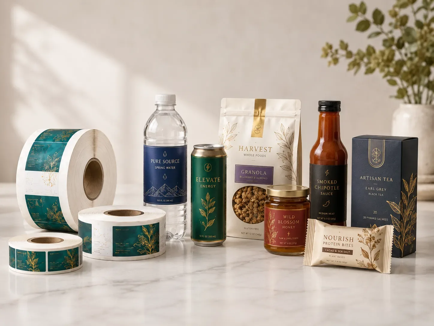 Custom label printing samples showing label rolls and labelled product packaging