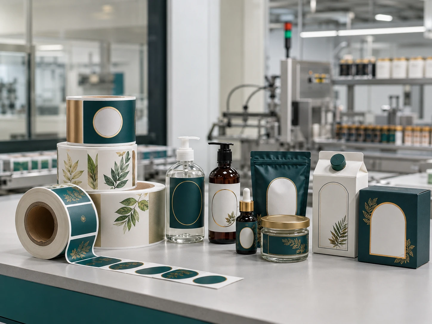 Custom printed label rolls and labelled product packaging displayed in a professional production setting