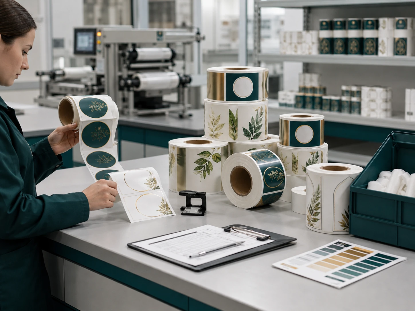 Label printing process or finished label rolls prepared for quality review and production handling