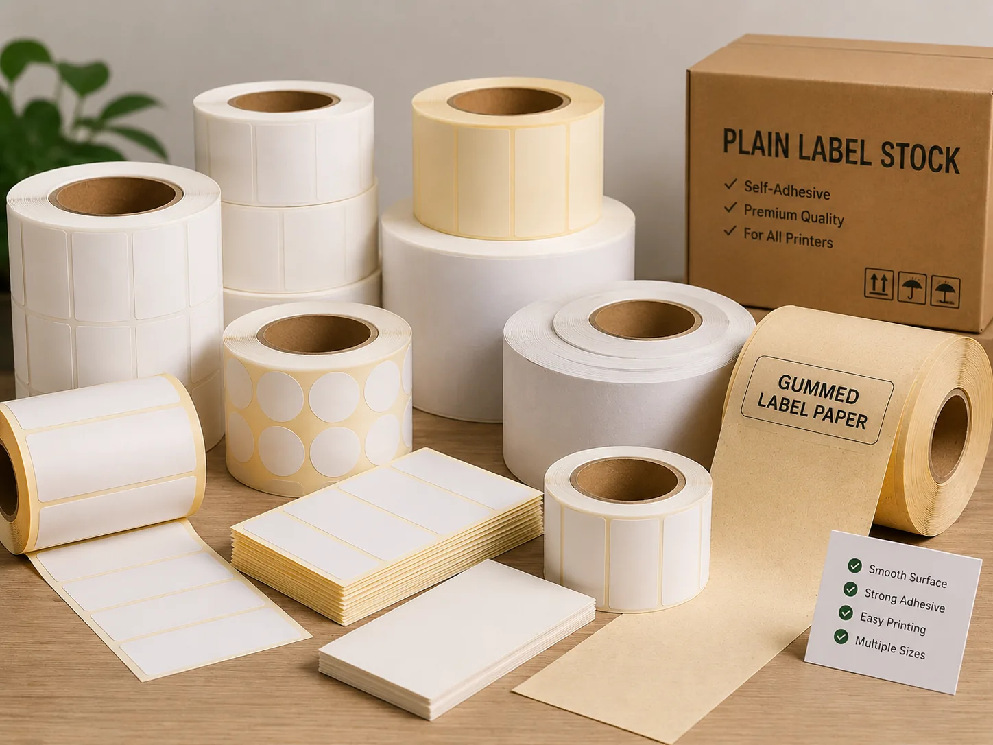 Plain self-adhesive label stock, gummed paper and slit rolls for printing and converting businesses