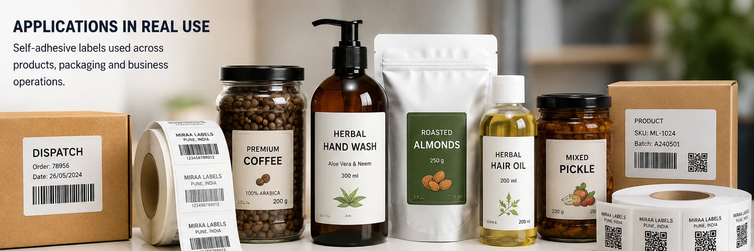Self-adhesive labels applied on bottles, pouches, cartons, jars and dispatch packaging