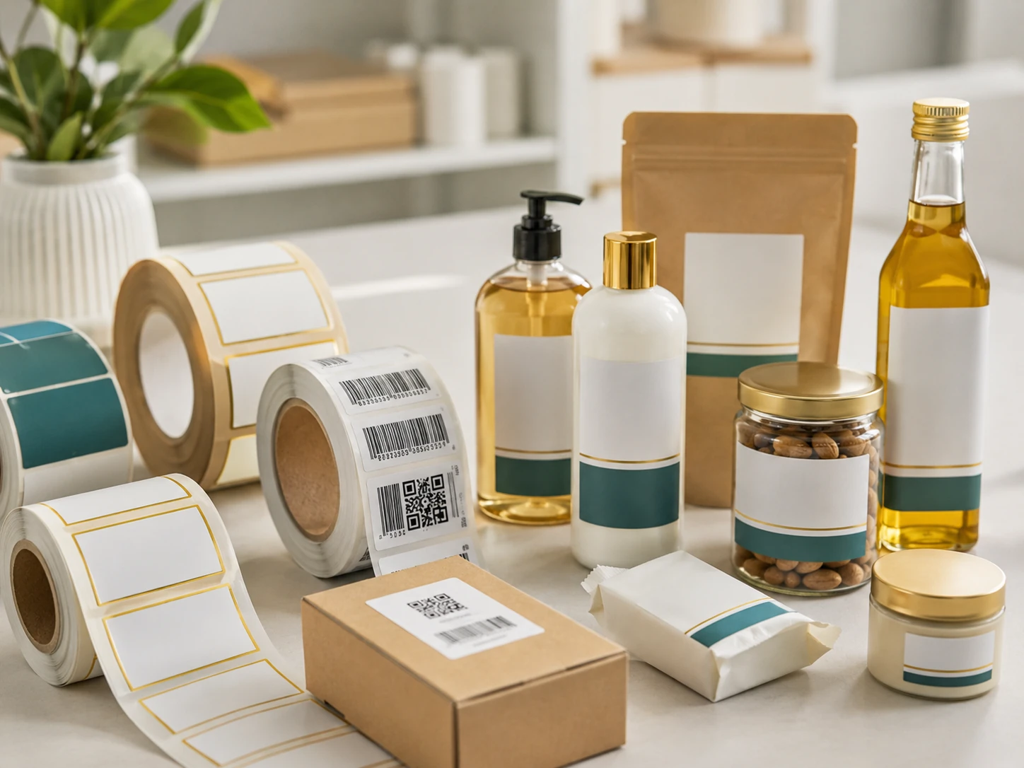 Self-adhesive label rolls and labelled product packaging for business supply