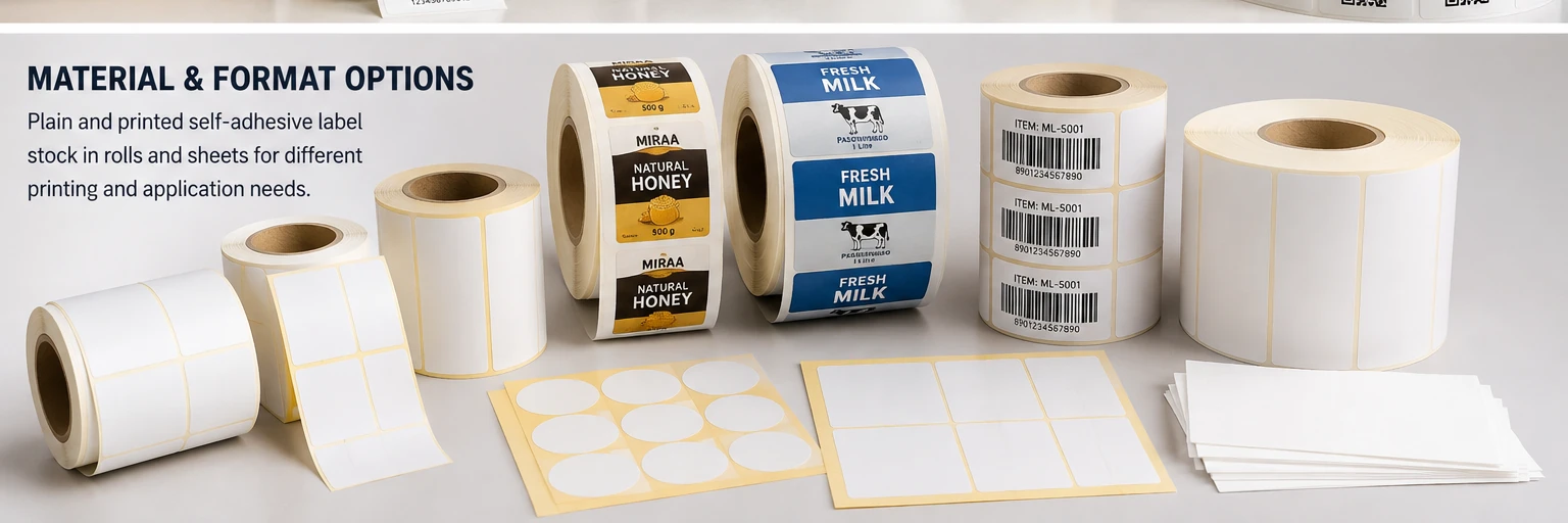 Plain and printed self-adhesive label stock rolls in different formats