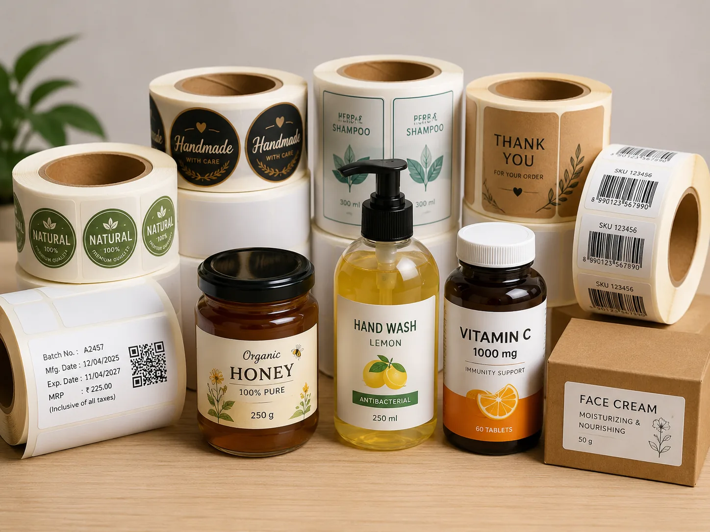 Self-adhesive label rolls and labelled product packaging samples