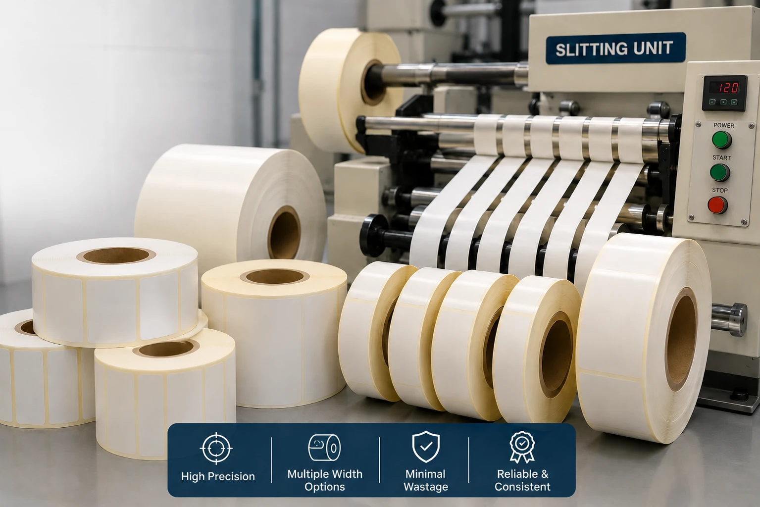 Slit label stock rolls in different widths for packaging and printing use